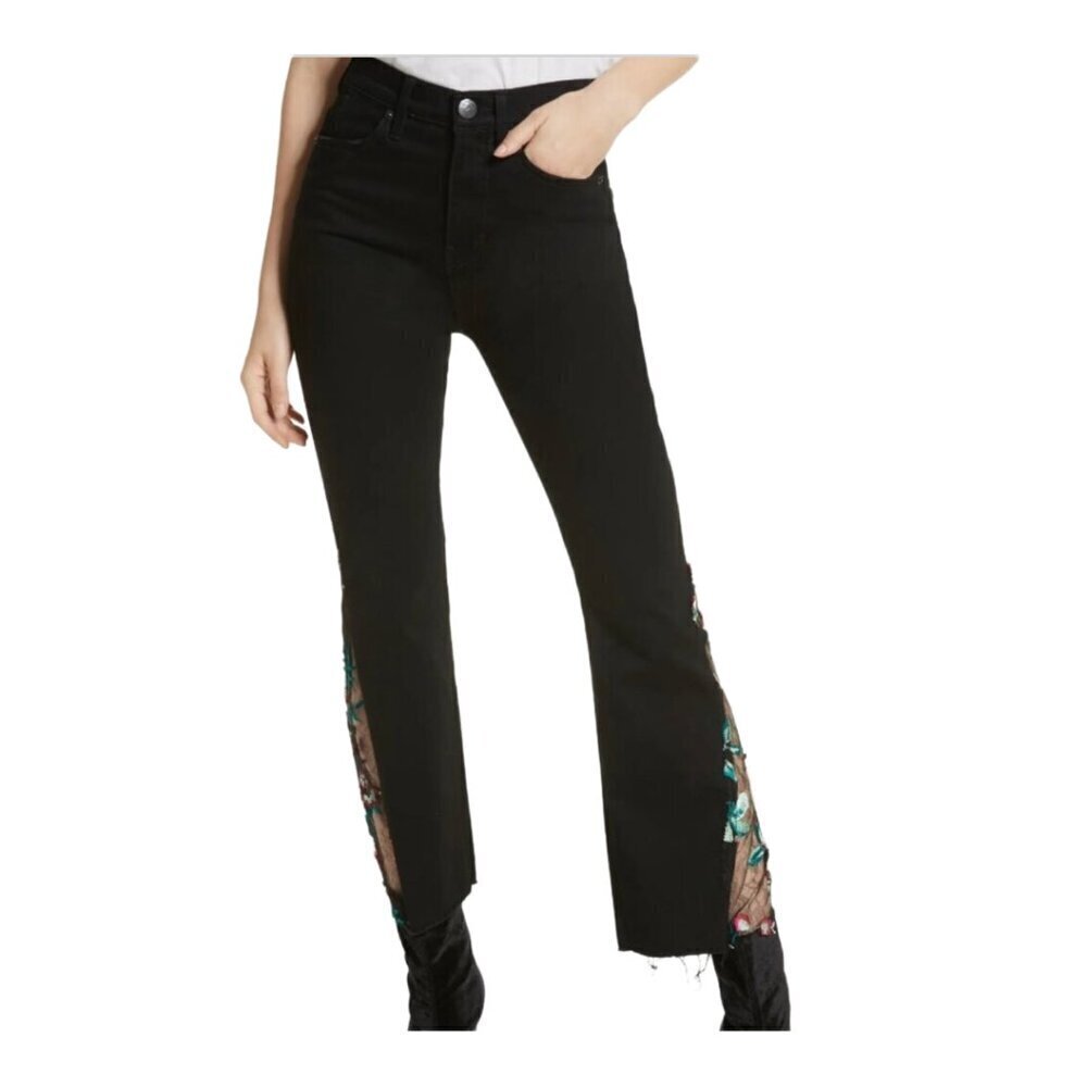 We The Free Free People Embroidered Flare Lace Hem Black Jeans Size 26